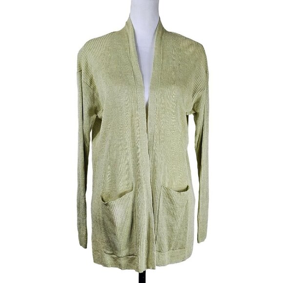Eileen Fisher Sweaters - Eileen Fisher Womens Green Organic Linen Cardigan Sz M Open Front Ribbed Beachy